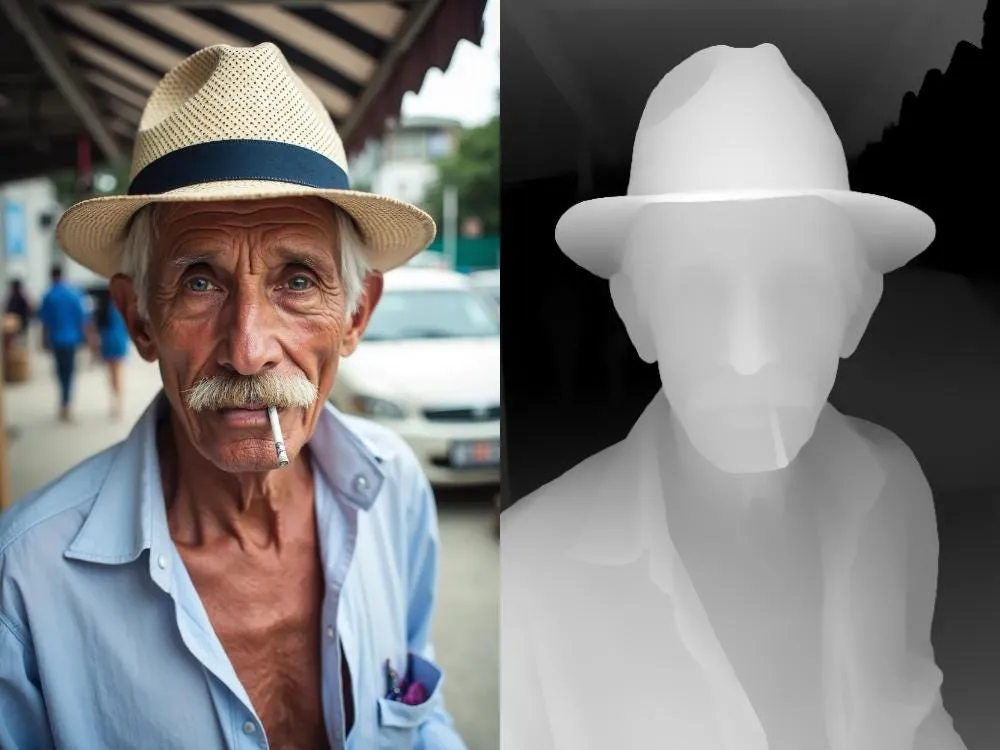 Left: Original photo. Right: Estimated depth, black=far, white=close