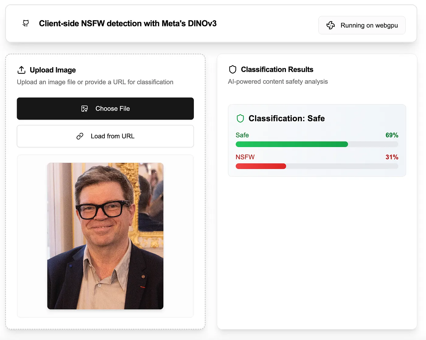 The end result powered by DINOv3 running in the browser. Demo at next-safedino.vercel.app. Source code on GitHub