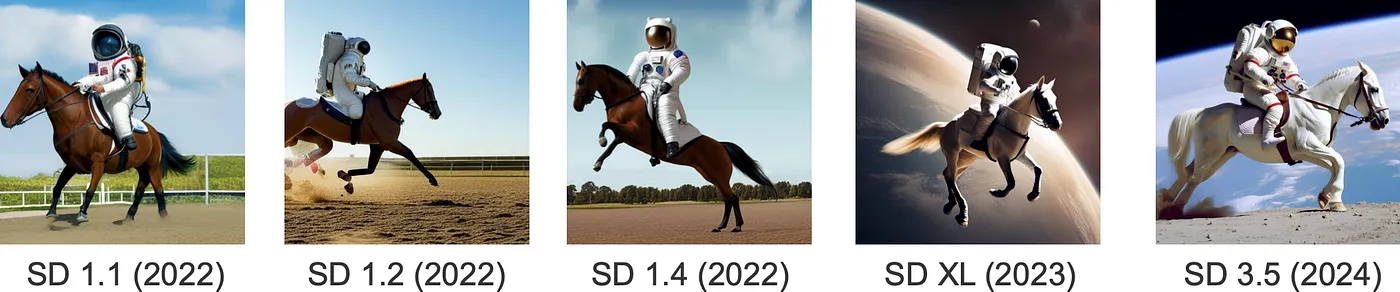 Evolution of SD. “An astronaut riding a horse”. Images generated with https://huggingface.co/spaces/Yntec/HuggingfaceDiffusion