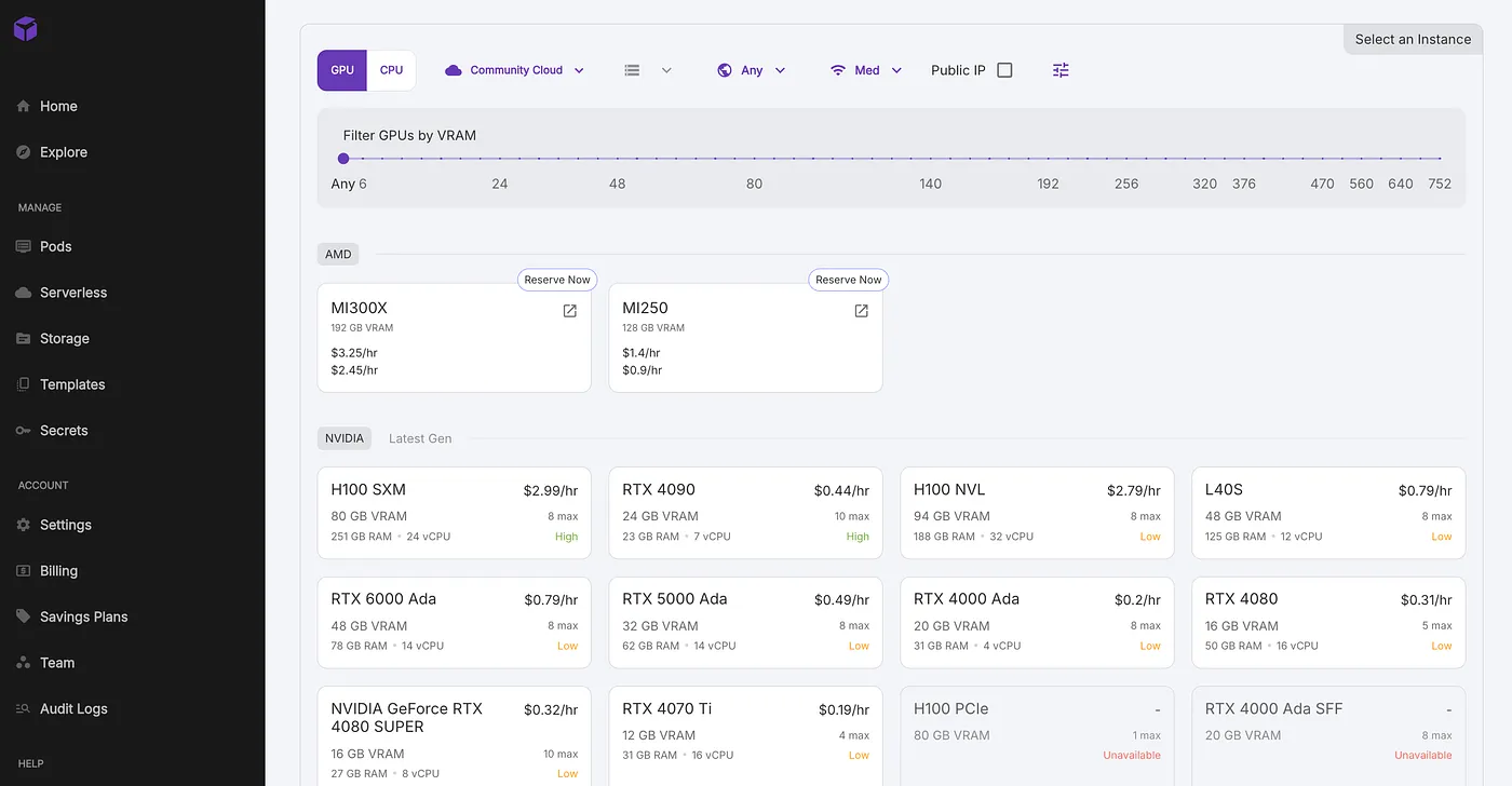 GPUs on the community cloud. A 4090 will do
