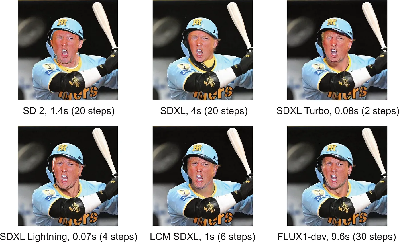 Inpainting with six different models, time taken in seconds and number of steps shown.