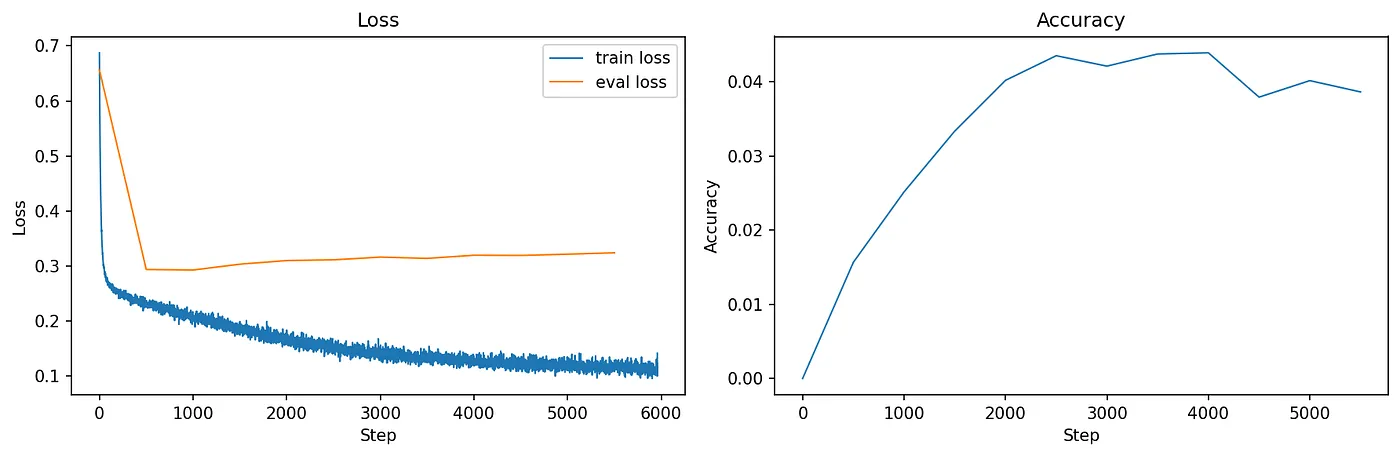 Accuracy >0! Training loss going down, eval loss increasing at some point = overfitting.