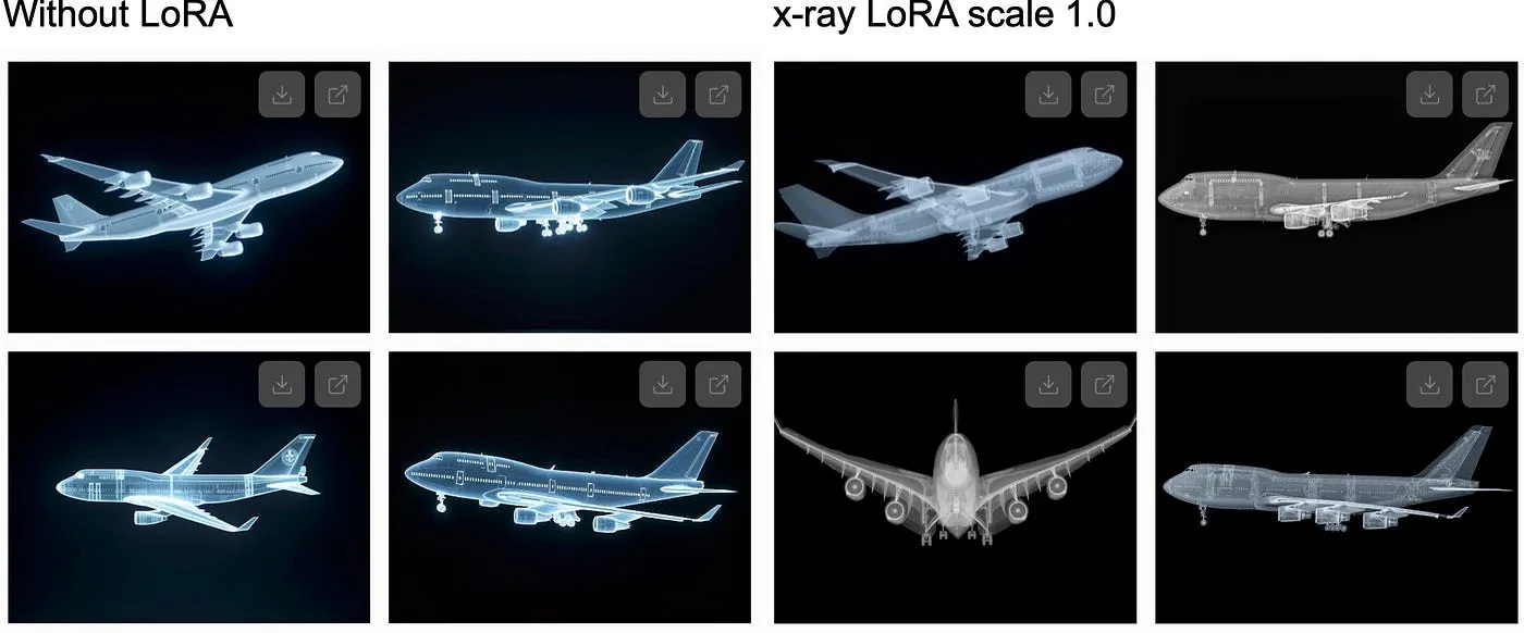 Prompt “Xray of a Boeing 747” without the adapter (left) and with the adapter loaded (right)