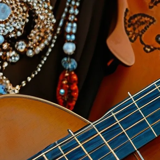 lifestyle photo of a elderly man with a beard and glasses, intricate jewelry, playing a musical instrument, in mid-dance move, High angle view, amidst a field of wildflowers under a clear blue sky, Golden hour light casting a warm glow, Dutch angle, Aaton LTR, in style of by Steve McCurry