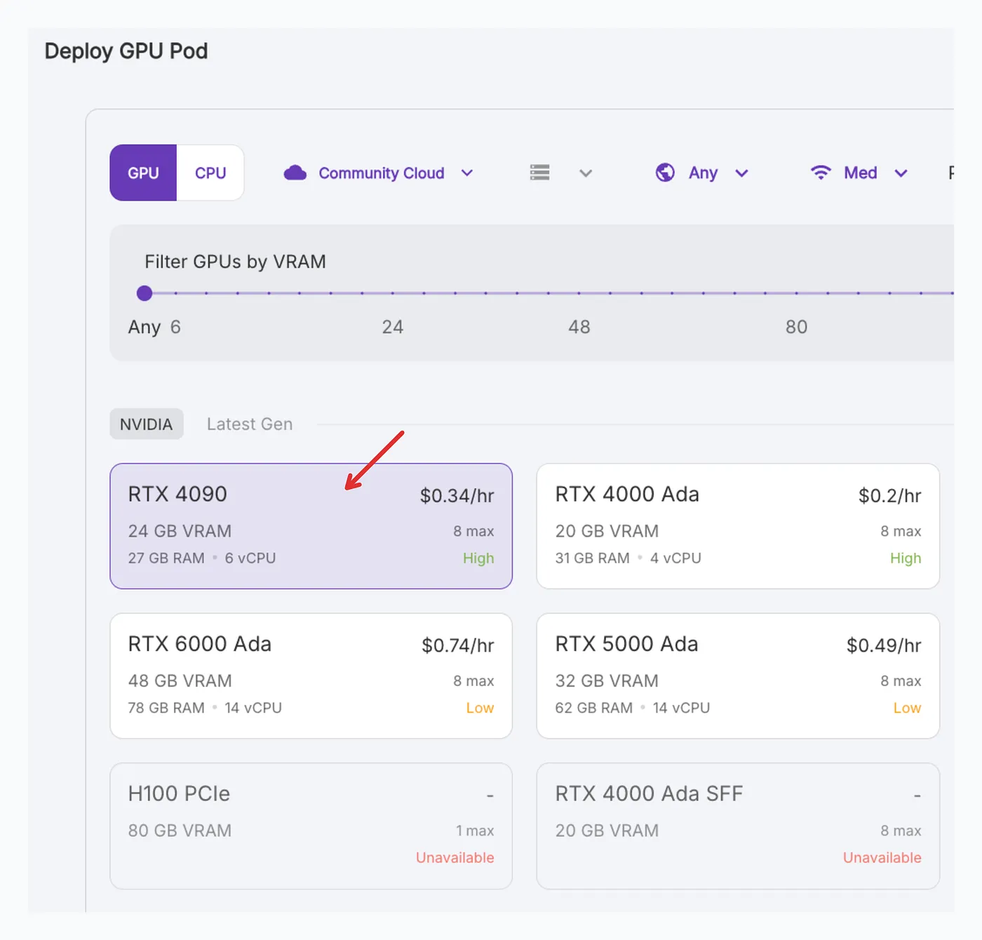 Deploy on RunPod. Go to RunPod Console -> Click Deploy -> Choose Community Cloud (cheaper) -> Choose RTX 4090 -> Deploy at very bottom of page.